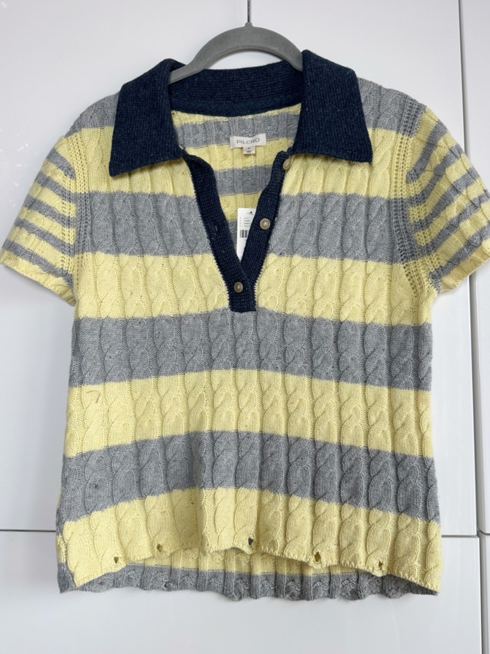 Pilcro Cable Knit Polo Sweater 90’s Inspired Gray Yellow Medium Cotton Wool - Picture 5 of 13
